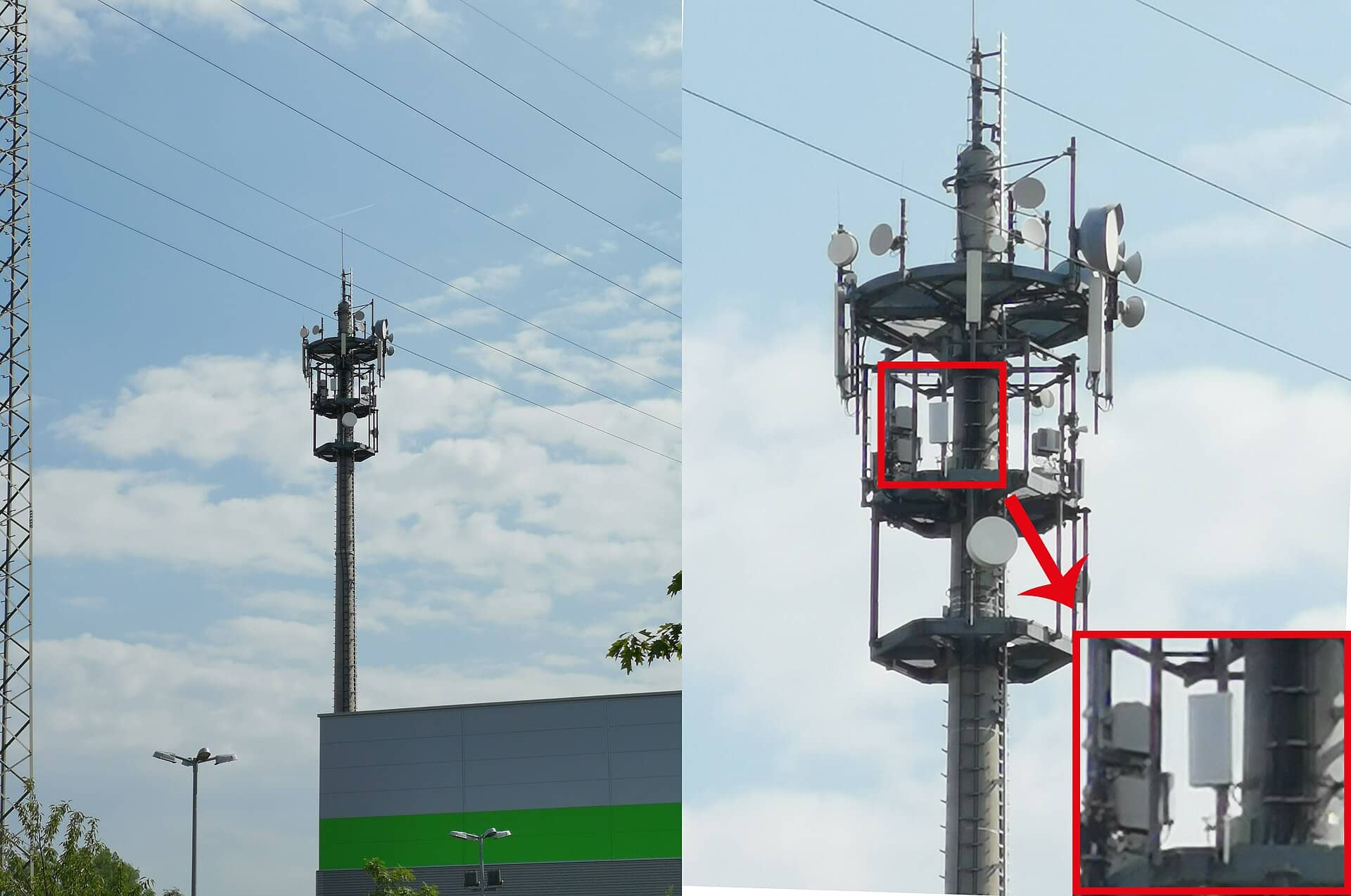 Estação rádio base com antenas 5G na faixa de 3,5 GHz no alto de um prédio