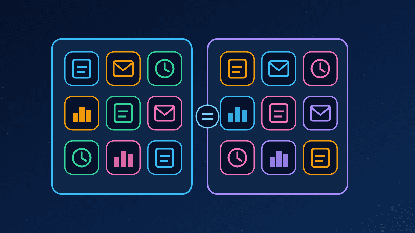 Ilustração de duas grades de aplicativos de cores diferentes lado a lado, representando suítes de produtividade
