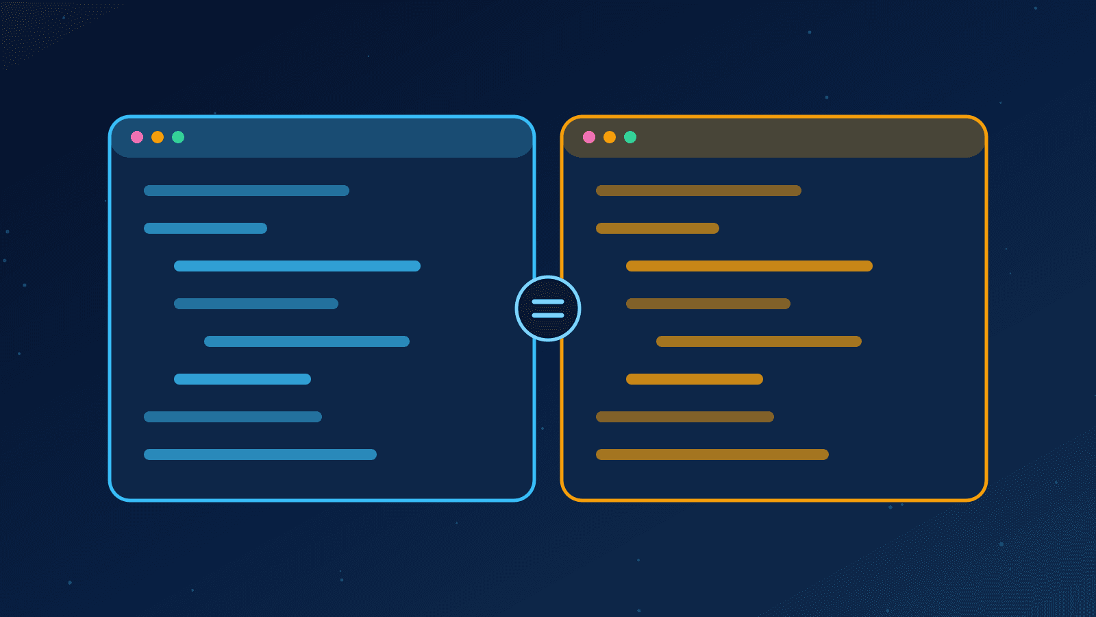Ilustração de duas janelas de código lado a lado, representando a comparação entre duas linguagens de programação