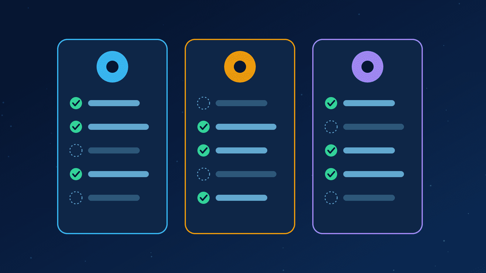 Ilustração de três colunas com os mesmos critérios de comparação para avaliar assistentes de IA