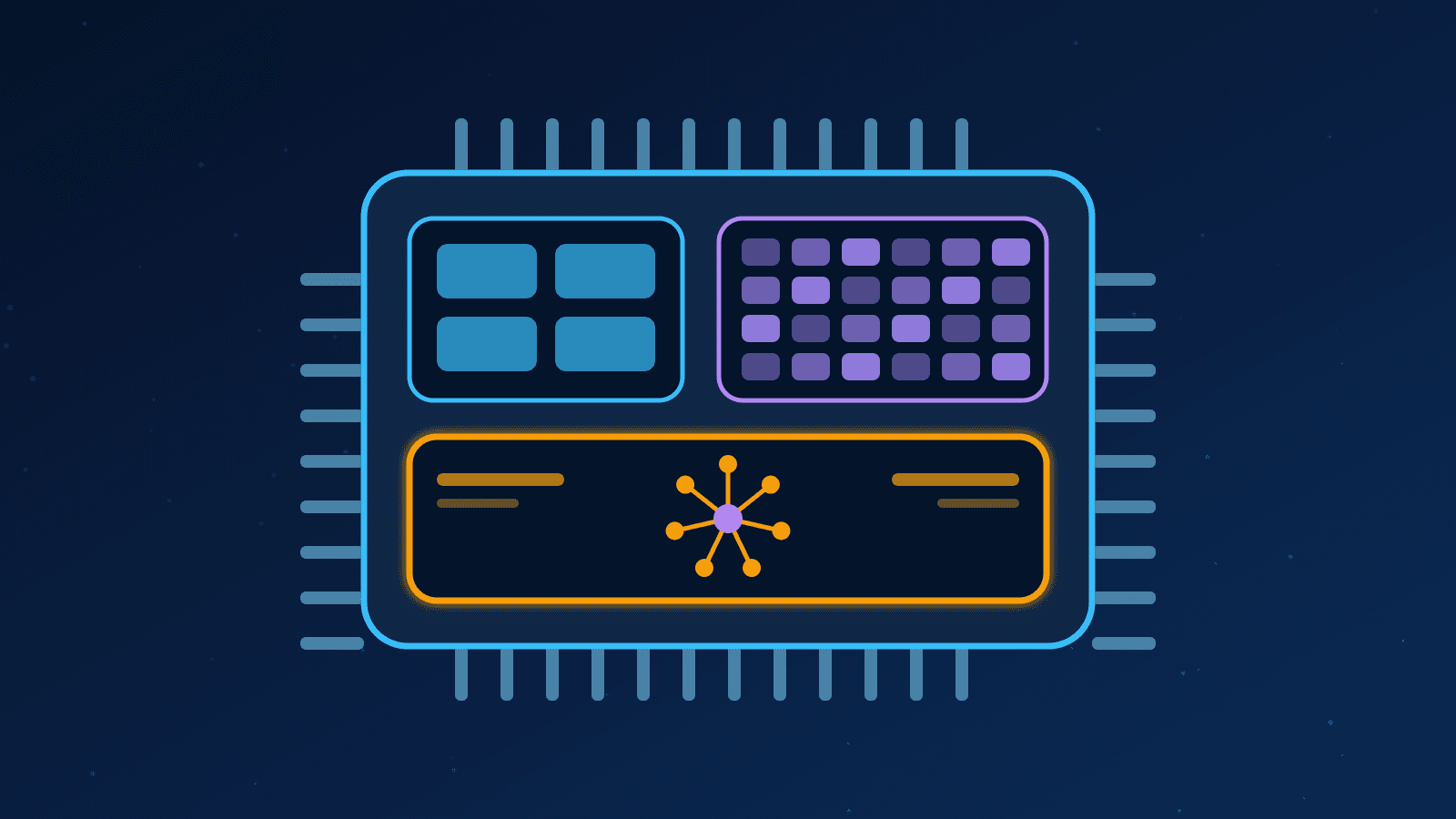 Ilustração de um chip com blocos de CPU, GPU e NPU, com a NPU em destaque
