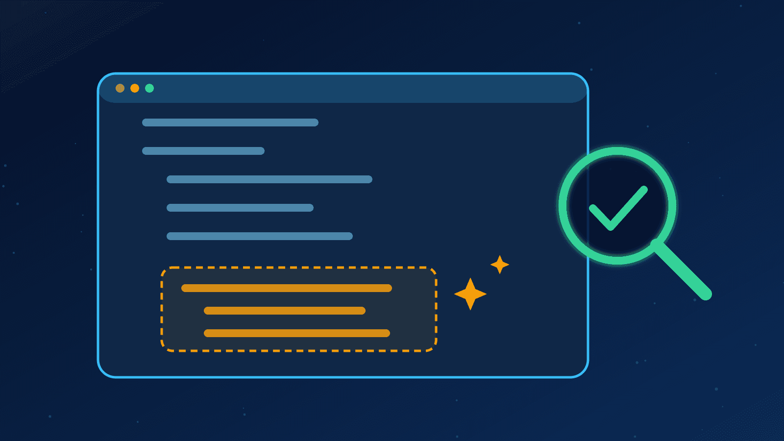 Ilustração de um editor de código com um bloco sugerido por IA e uma lupa de revisão