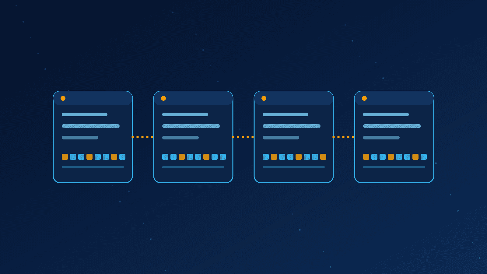Ilustração de uma cadeia de quatro blocos ligados entre si, representando um blockchain