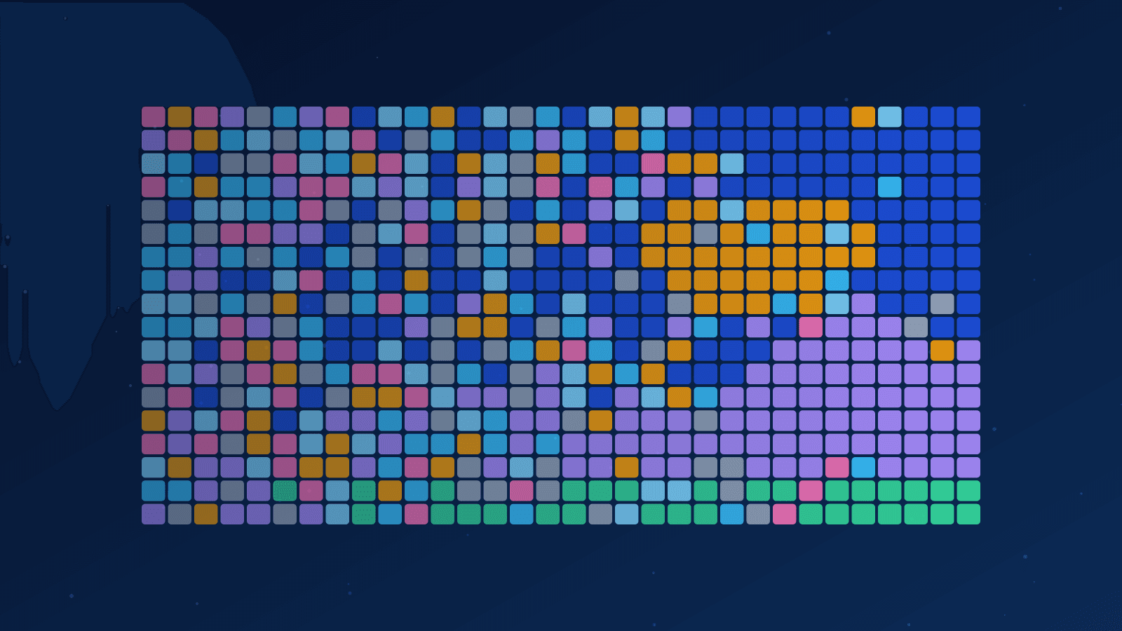 Ilustração de uma grade de quadrados que passa de ruído colorido a uma paisagem organizada, representando IA generativa