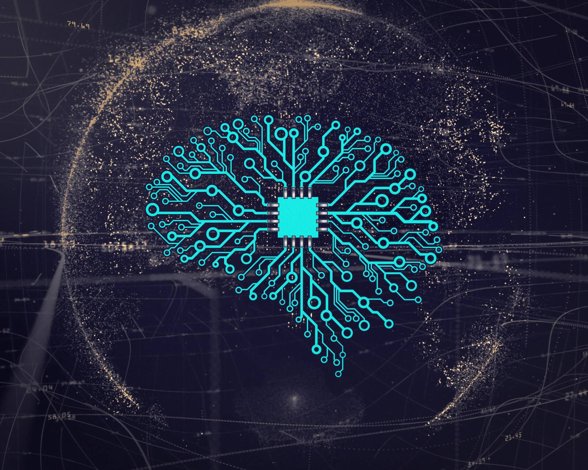 Ilustração de uma rede neural artificial conectada a um chip de computador