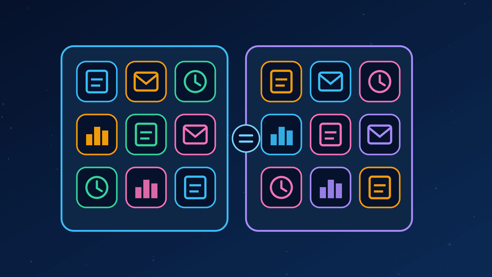 Ilustração de duas grades de aplicativos de cores diferentes lado a lado, representando suítes de produtividade