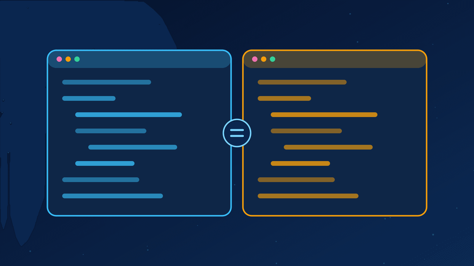 Ilustração de duas janelas de código lado a lado, representando a comparação entre duas linguagens de programação