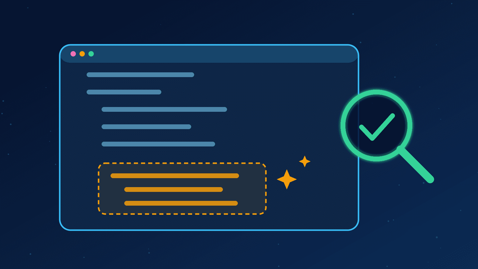 Ilustração de um editor de código com um bloco sugerido por IA e uma lupa de revisão