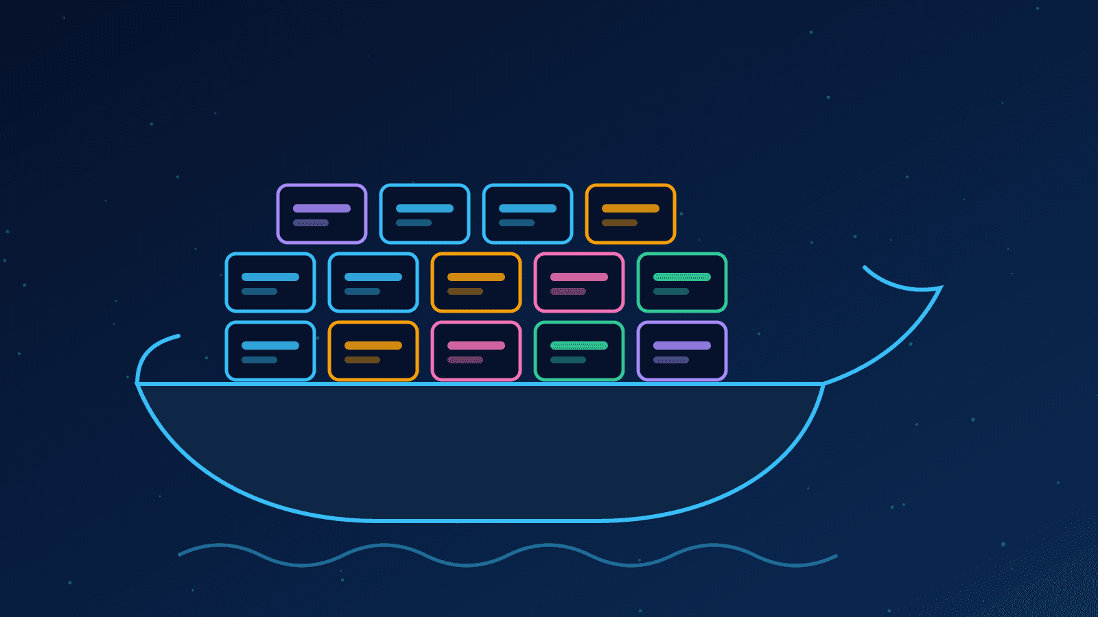Ilustração de um navio carregando containers empilhados, representando o Docker