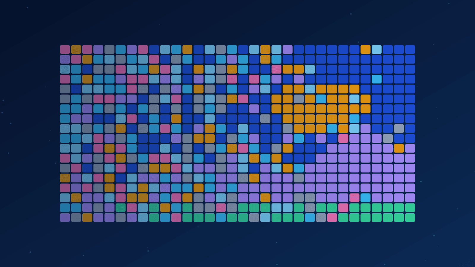 Ilustração de uma grade de quadrados que passa de ruído colorido a uma paisagem organizada, representando IA generativa