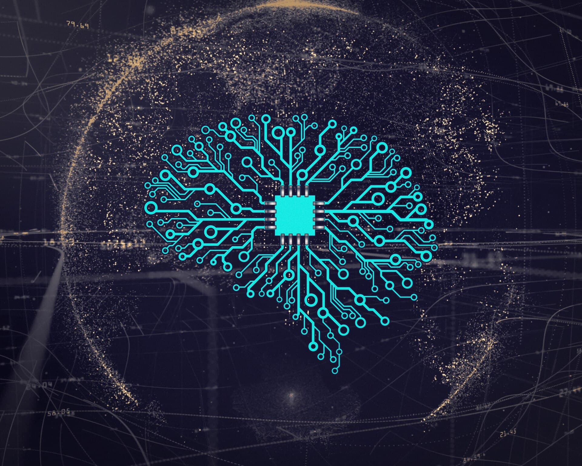 Ilustração de uma rede neural artificial conectada a um chip de computador