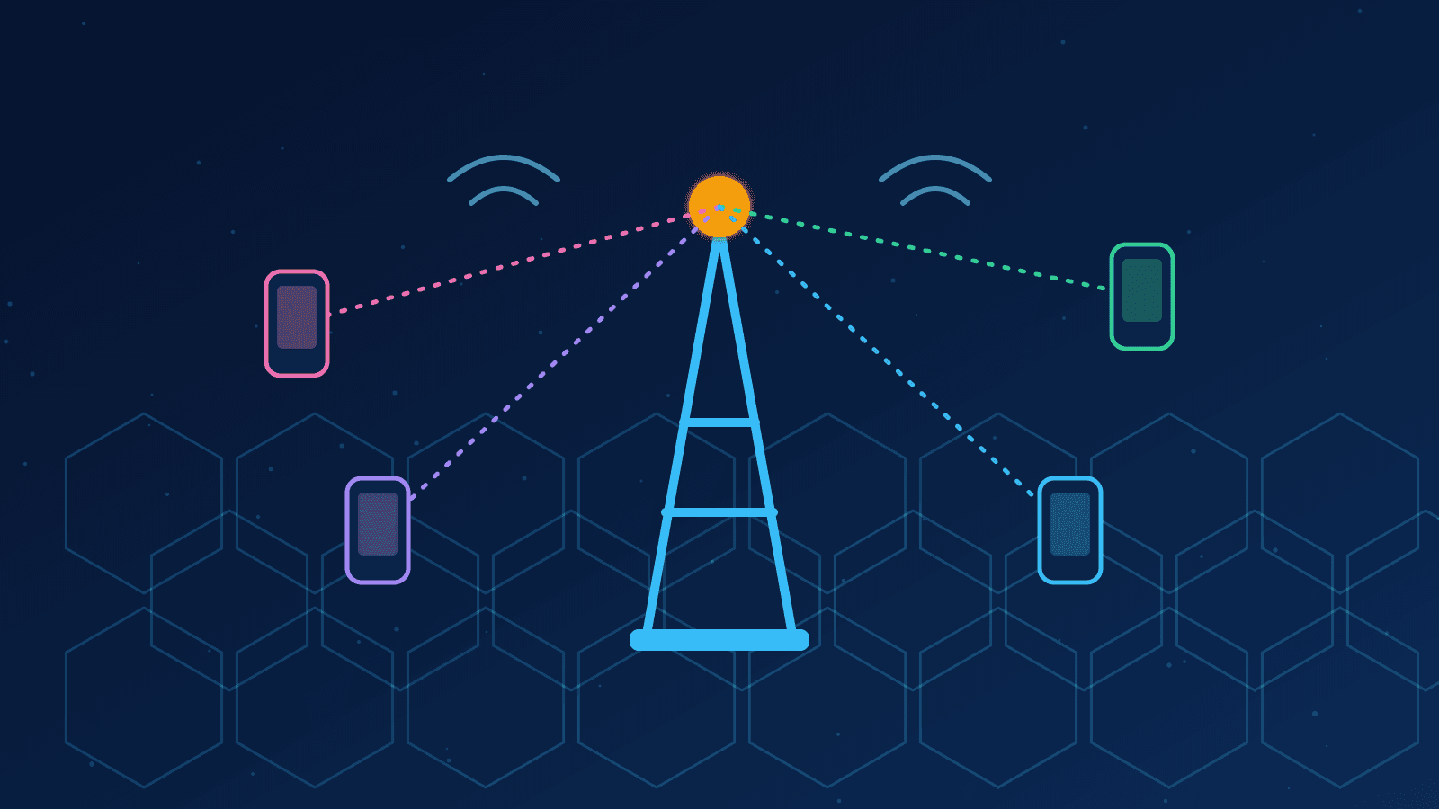 Ilustração de uma torre de celular com feixes direcionados para vários celulares em células hexagonais, representando o 5G