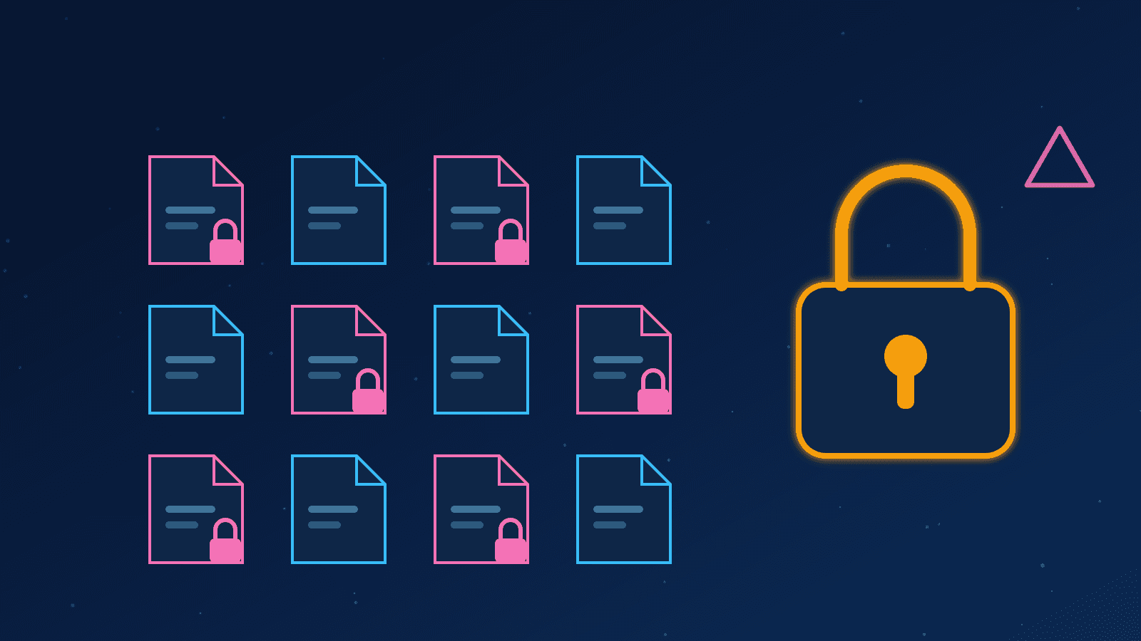 Ilustração de arquivos trancados por cadeados ao lado de um grande cadeado, representando um ataque de ransomware