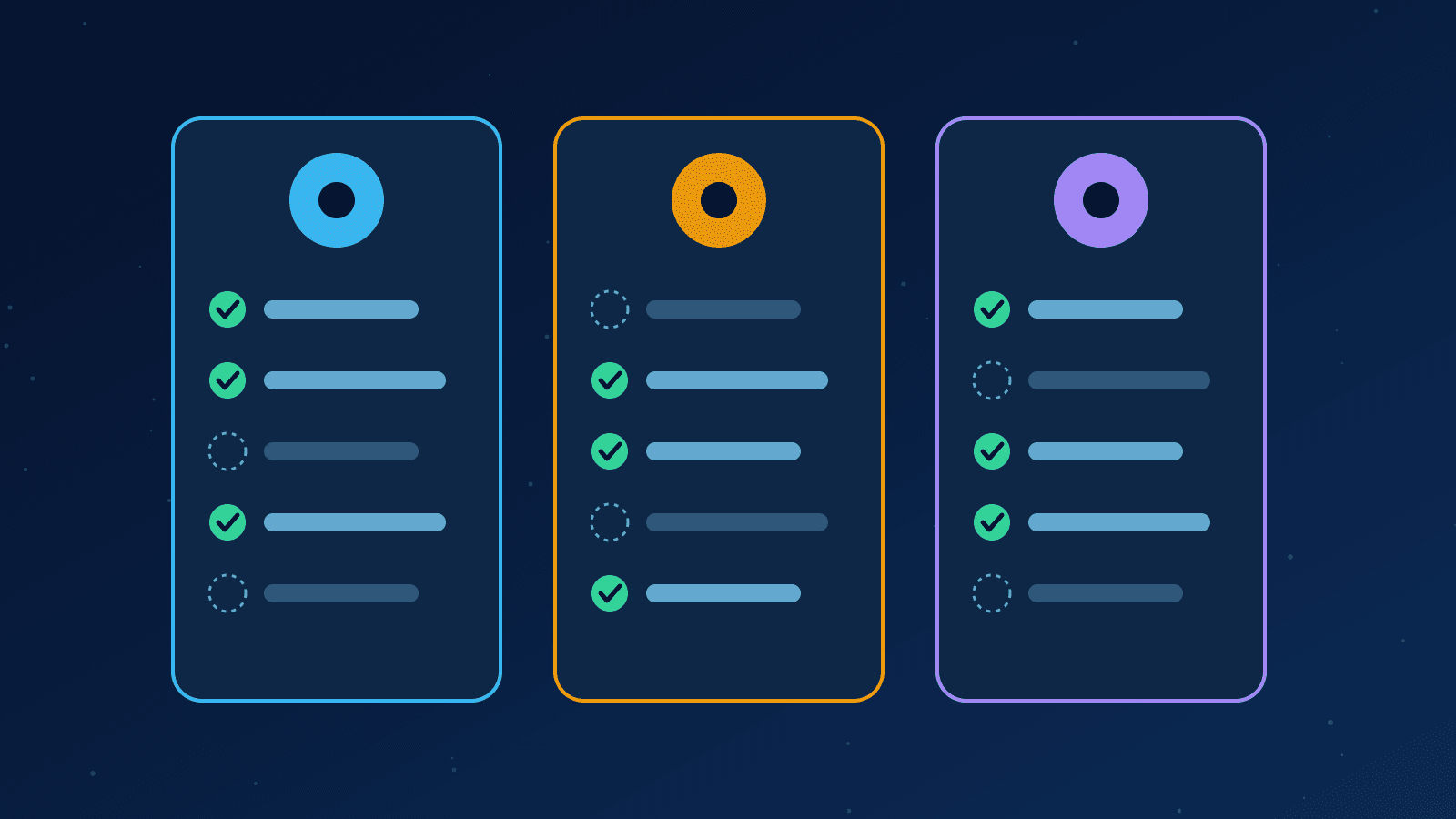 Ilustração de três colunas com os mesmos critérios de comparação para avaliar assistentes de IA