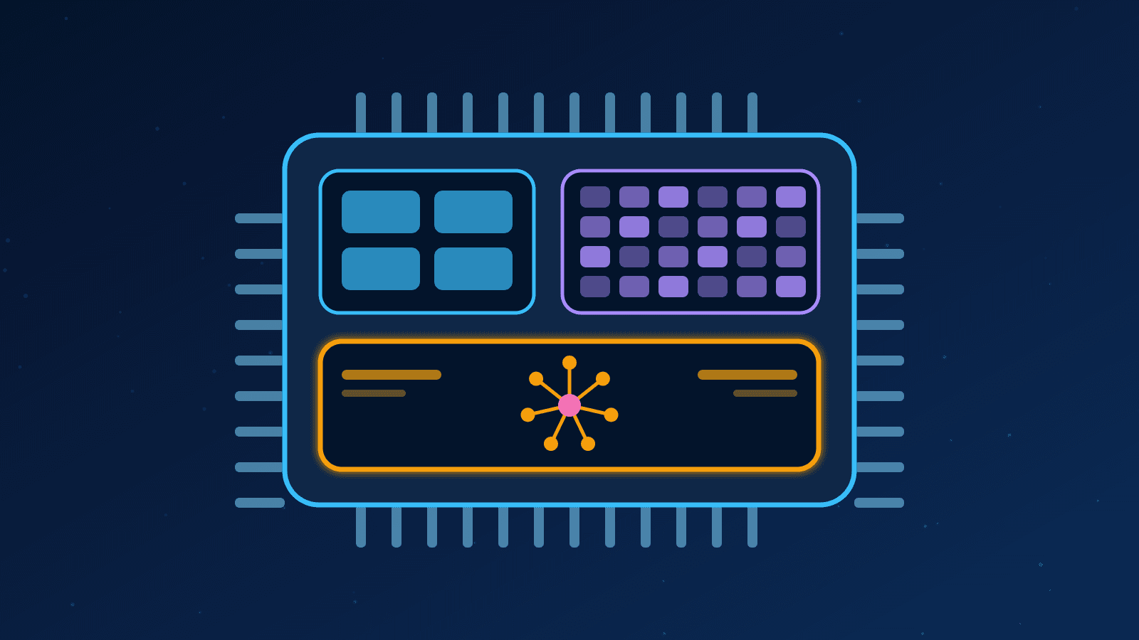 Ilustração de um chip com blocos de CPU, GPU e NPU, com a NPU em destaque