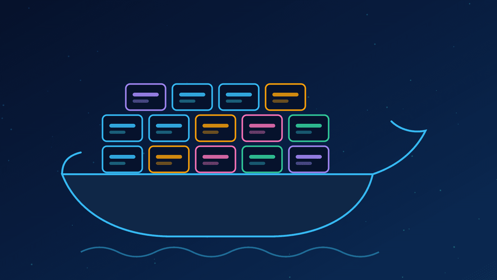 Ilustração de um navio carregando containers empilhados, representando o Docker