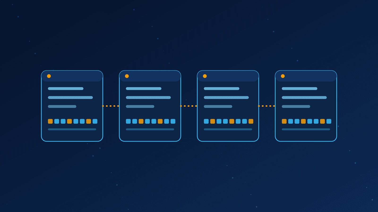 Ilustração de uma cadeia de quatro blocos ligados entre si, representando um blockchain