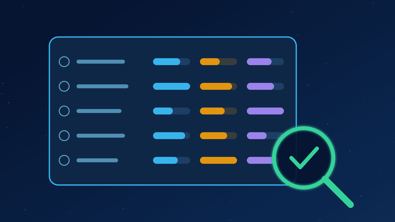 Ilustração de uma matriz de avaliação com barras de nota e uma lupa, representando a escolha de um software
