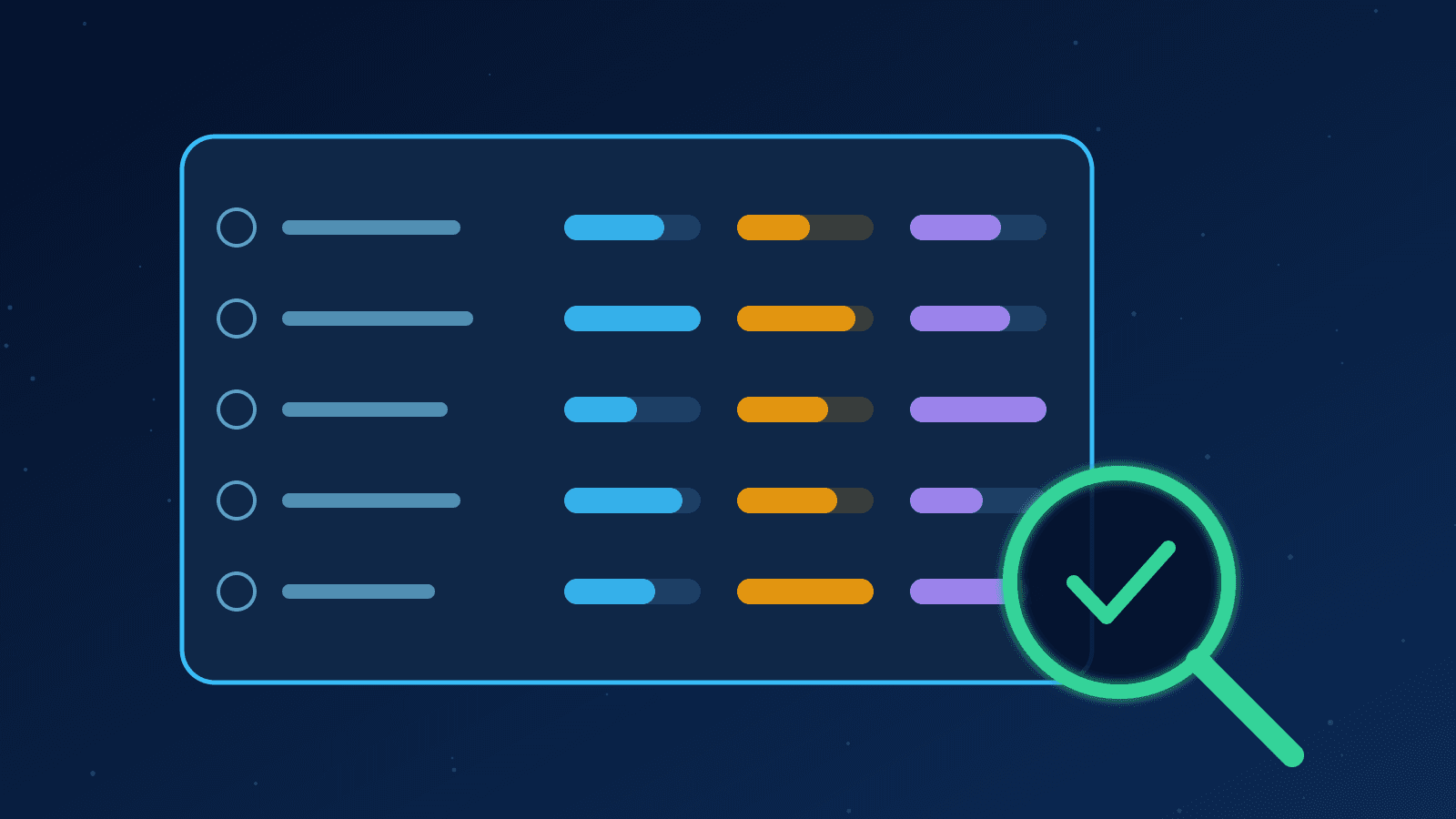 Ilustração de uma matriz de avaliação com barras de nota e uma lupa, representando a escolha de um software