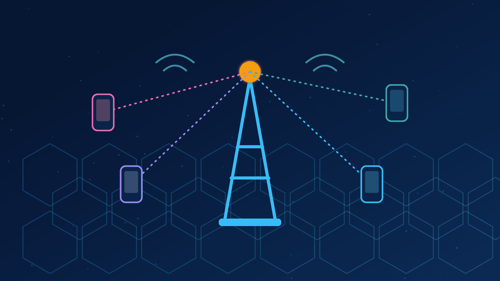 Ilustração de uma torre de celular com feixes direcionados para vários celulares em células hexagonais, representando o 5G
